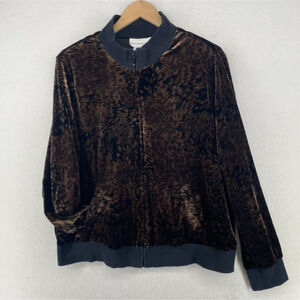 SUSAN GRAVER Jacket XL Velour Velvet Animal Print Track Jumper Full Zip Brown